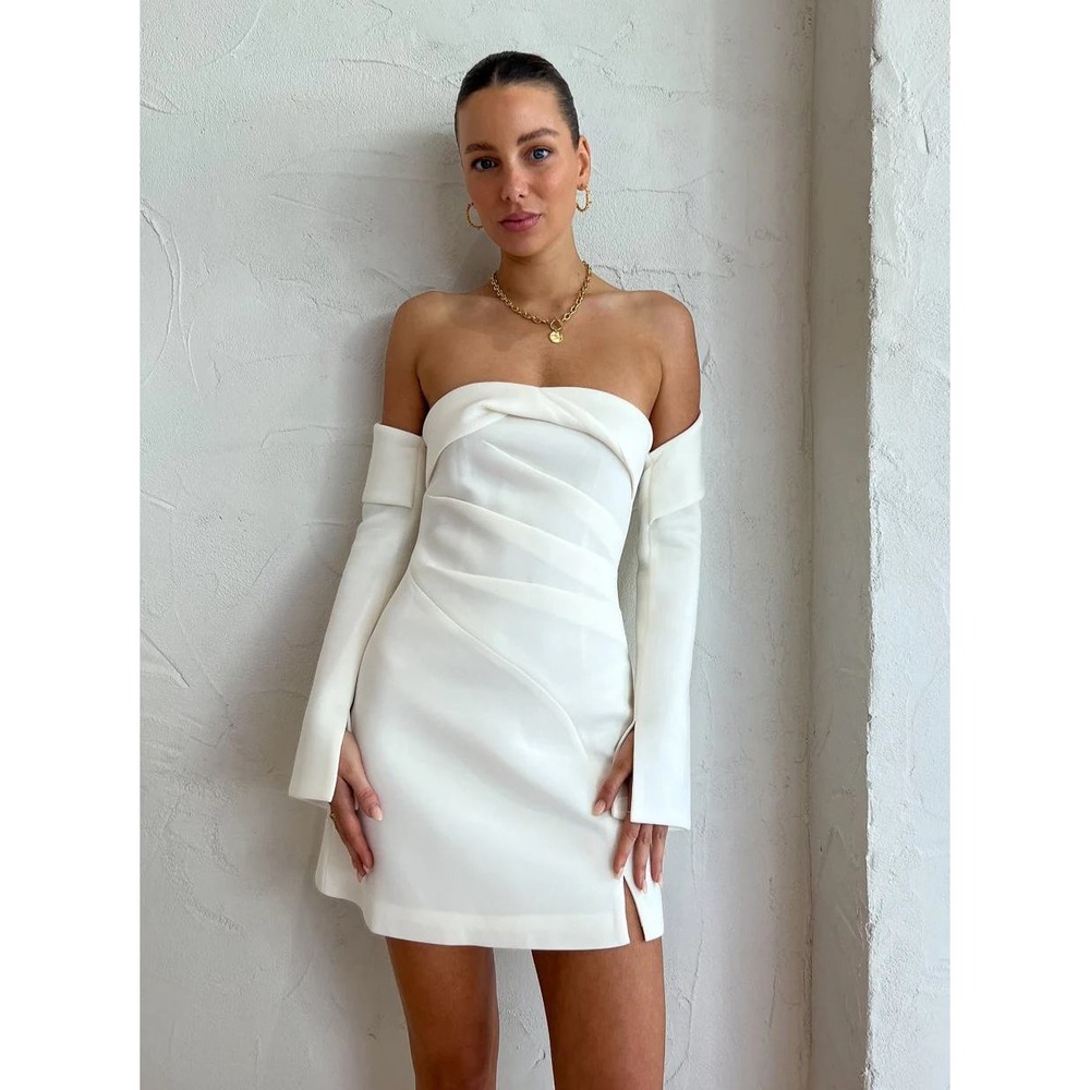 TOJHA Emmaline Dress White Off Shoulder Long Sleeve Twist Front Mini Sz US 2